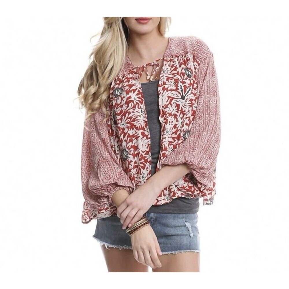 F. Free People Kimono Top XS Multicolor Blouse 3/4 Sleeve V Neck Tie